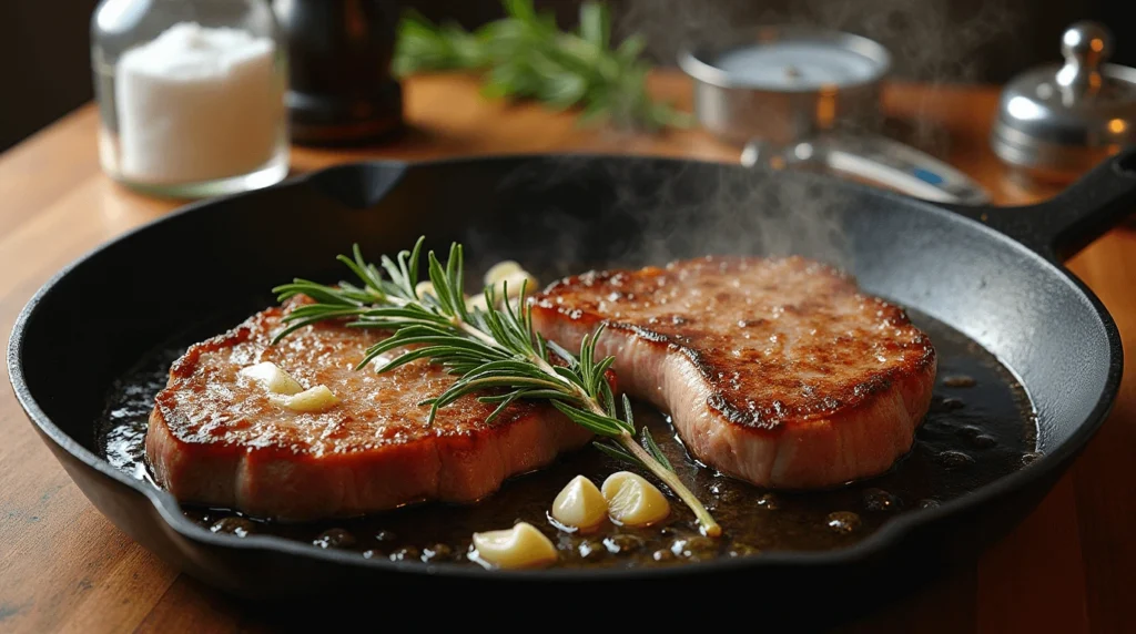 A sizzling oyster steak in a cast-iron skillet, seared to perfection with golden-brown crust, melted butter, minced garlic, and fresh rosemary sprigs