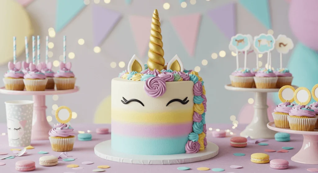 Whimsical Unicorn Cake with Pastel Decorations