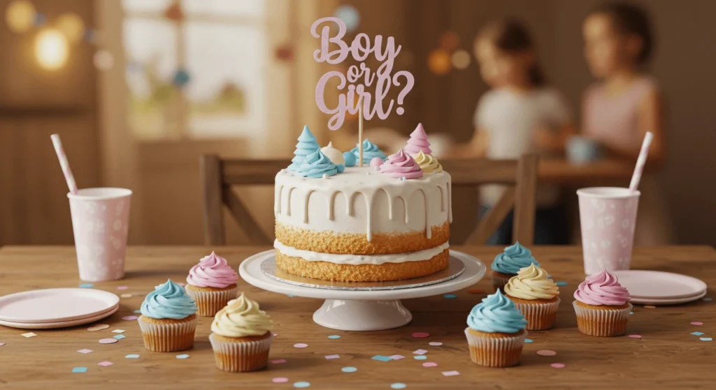 Beautiful Gender Reveal Cake with Pink and Blue Decorations