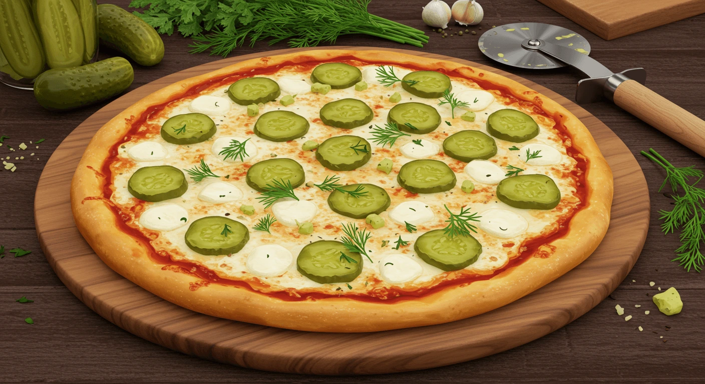 Freshly Baked Pickle Pie Pizza on a Wooden Board