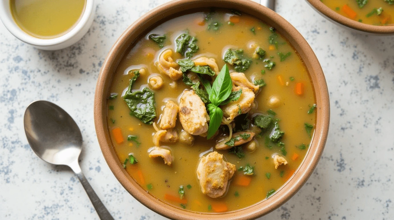 Rustic Bowl of Roasted Basil Chicken and Onion Soup