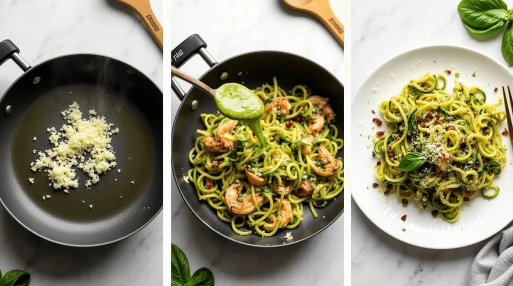 A visual step-by-step process of making pesto langostino zucchini pasta, featuring sautéed zucchini noodles, langostino tails, and fresh pesto sauce in a skillet, garnished with Parmesan and basil. Perfect for a quick, flavorful meal.