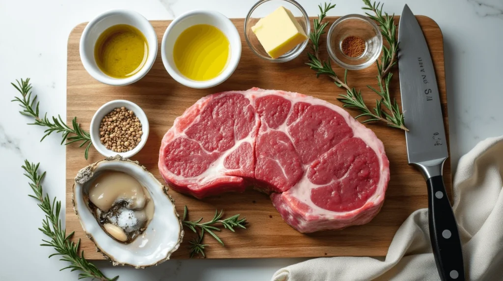 A visually appealing layout of raw oyster steak with marbling, olive oil, butter, minced garlic, fresh rosemary, thyme, and seasonings on a wooden board.