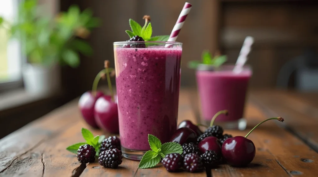 Glass of black cherry and blackberry smoothie with fresh berries and mint garnish, showcasing a vibrant purple color and refreshing look