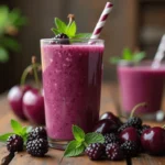 Glass of black cherry and blackberry smoothie with fresh berries and mint garnish, showcasing a vibrant purple color and refreshing look