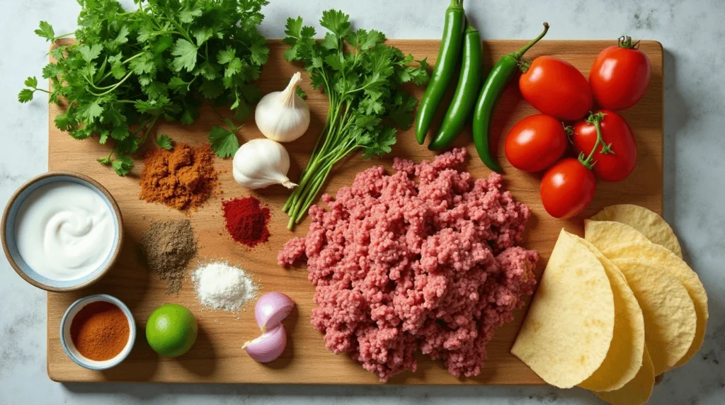 Delicious Chicken Keema Indian Ground Beef Tacos filled with spiced ground meat, topped with fresh cilantro, tomatoes, onions, and a squeeze of lime