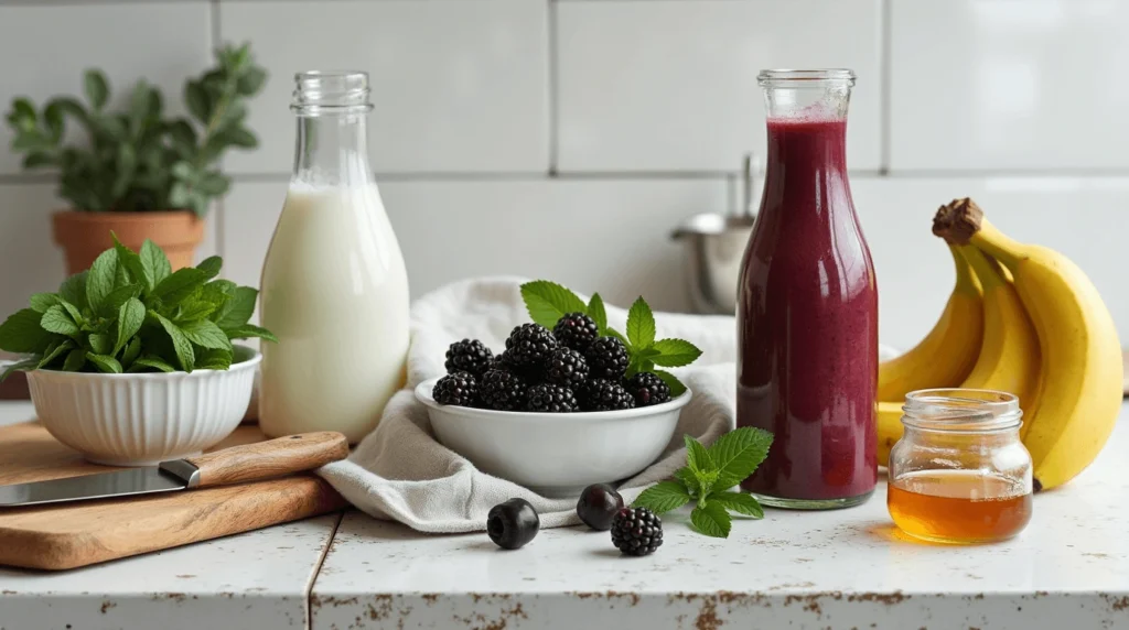 A refreshing black cherry and blackberry smoothie in a glass, garnished with fresh berries and mint leaves, showcasing a vibrant purple color.