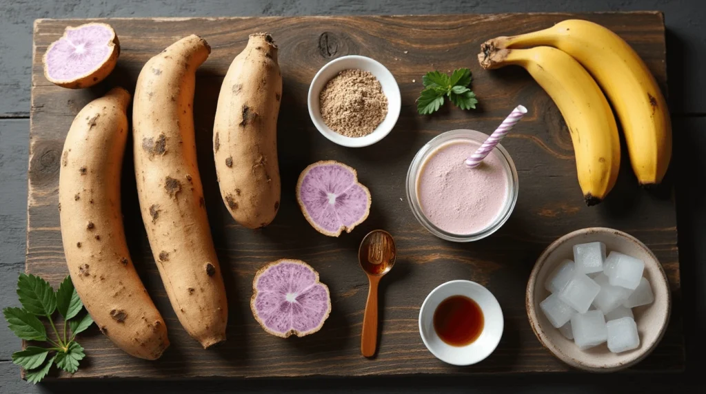 A beautifully presented taro smoothie in a clear glass, showcasing its rich purple hue, topped with whipped cream, crushed nuts, and a fresh mint leaf. Surrounding the smoothie are fresh taro roots, a bowl of taro powder, and tropical fruits like bananas and pineapples, creating a warm and inviting scene on a rustic wooden table.