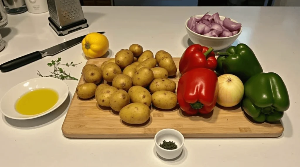 A plate of crispy, golden-brown hash browns topped with colorful sautéed red and green bell peppers and caramelized onions, garnished with fresh herbs