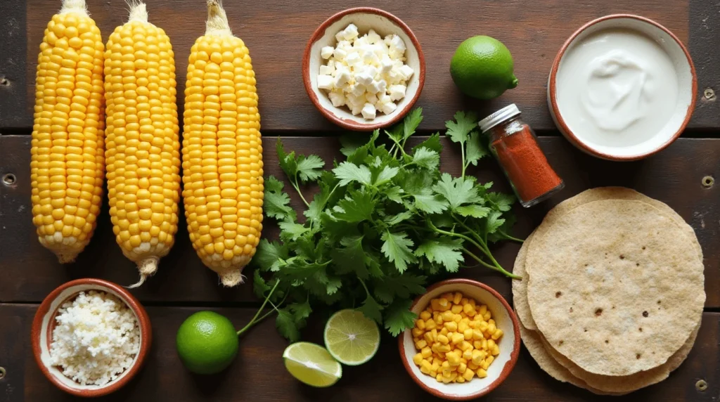 Close-up of tacos de elote con crema, featuring grilled corn topped with creamy crema Mexicana, crumbled cotija cheese, fresh cilantro, and a squeeze of lime, served on soft corn tortillas. The tacos are garnished with chili powder and are perfect for a vibrant and flavorful Mexican meal