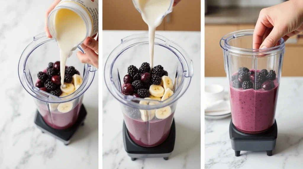 A refreshing black cherry and blackberry smoothie in a glass, garnished with fresh berries and mint leaves, showcasing a vibrant purple color.