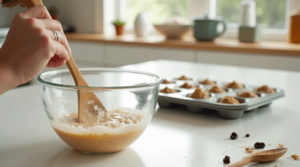 Golden-brown gaps raisin muffins recipe cooling on a rack, perfect for a healthy gluten-free snack. A cozy kitchen setting adds to the inviting atmosphere