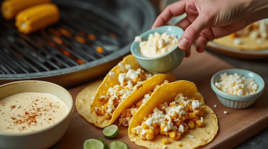 Close-up of tacos de elote con crema, featuring grilled corn topped with creamy crema Mexicana, crumbled cotija cheese, fresh cilantro, and a squeeze of lime, served on soft corn tortillas. The tacos are garnished with chili powder and are perfect for a vibrant and flavorful Mexican meal