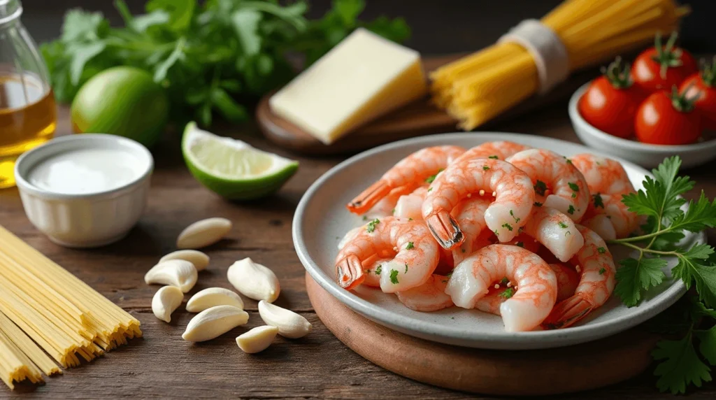  vibrant plate of creamy shrimp pasta topped with fresh pico de gallo, showcasing the perfect balance of rich flavors and colorful, zesty toppings.