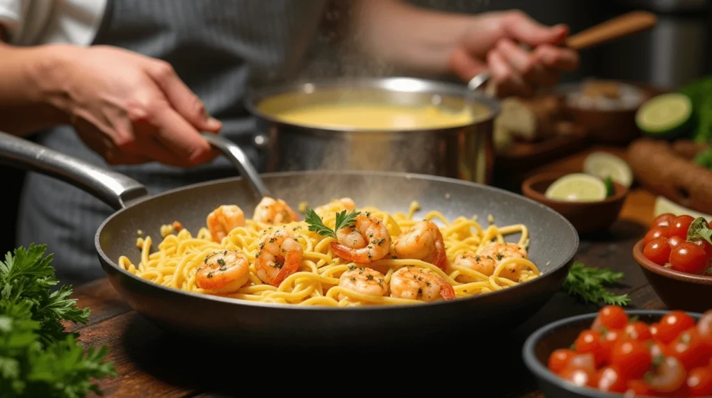  vibrant plate of creamy shrimp pasta topped with fresh pico de gallo, showcasing the perfect balance of rich flavors and colorful, zesty toppings.